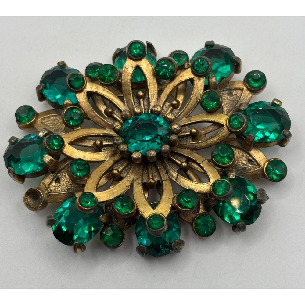 Vintage Pot Metal Green Rhinestone Large Floral Brooch - One missing stone 2.25"
